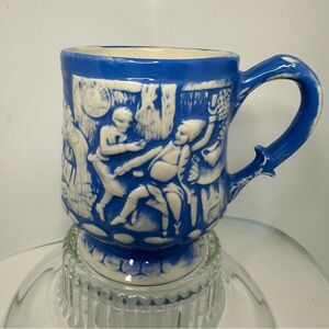 Vintage Blue White Ceramic Mug Tavern Scene Raised Relief Folk Art Cup